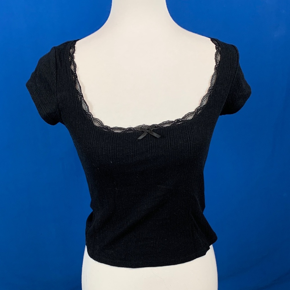 GARAGE Black ribbed Lace Trim Top